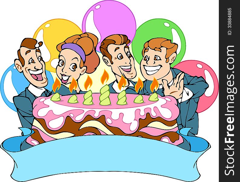 The illustration shows a few of office workers. They note corporate holiday. This three men and one woman, and they ready eat a cake. People are joy and smiling in the background balloons.