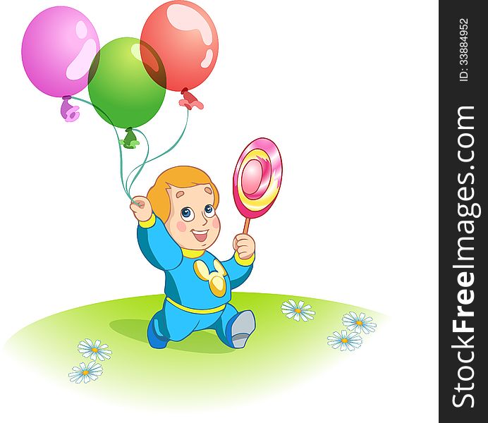 The illustration shows a funny kid. He steps with balloons and lollipop in hand. Illustration done in cartoon style. The illustration shows a funny kid. He steps with balloons and lollipop in hand. Illustration done in cartoon style.