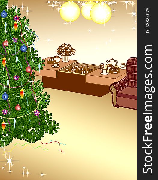 The illustration shows the interior of a room in which there is a Christmas tree and decorations. There is a place for text, performed on separate layers.