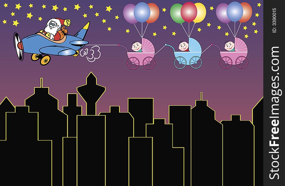 Santa claus is dragging baby buggies in the sky over the city. Available as Illustrator-File. Santa claus is dragging baby buggies in the sky over the city. Available as Illustrator-File