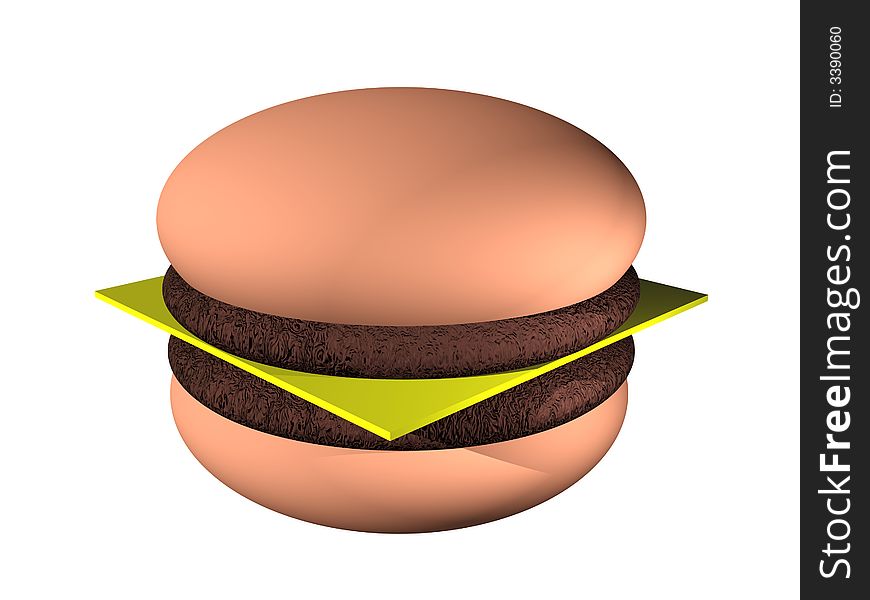 Computer generated image of cheeseburger with white background