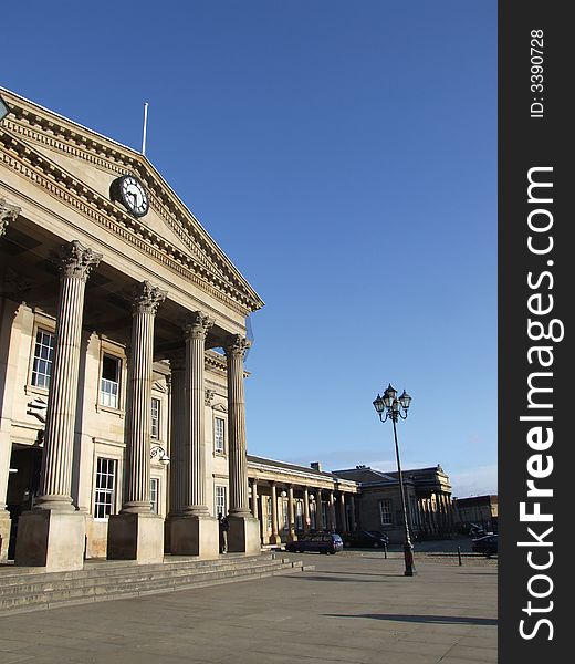 Huddersfield railway station roman style front. Huddersfield railway station roman style front
