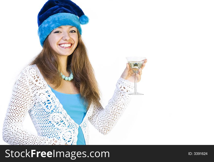 Young beautiful girl with glass smiling over white backgound. Young beautiful girl with glass smiling over white backgound