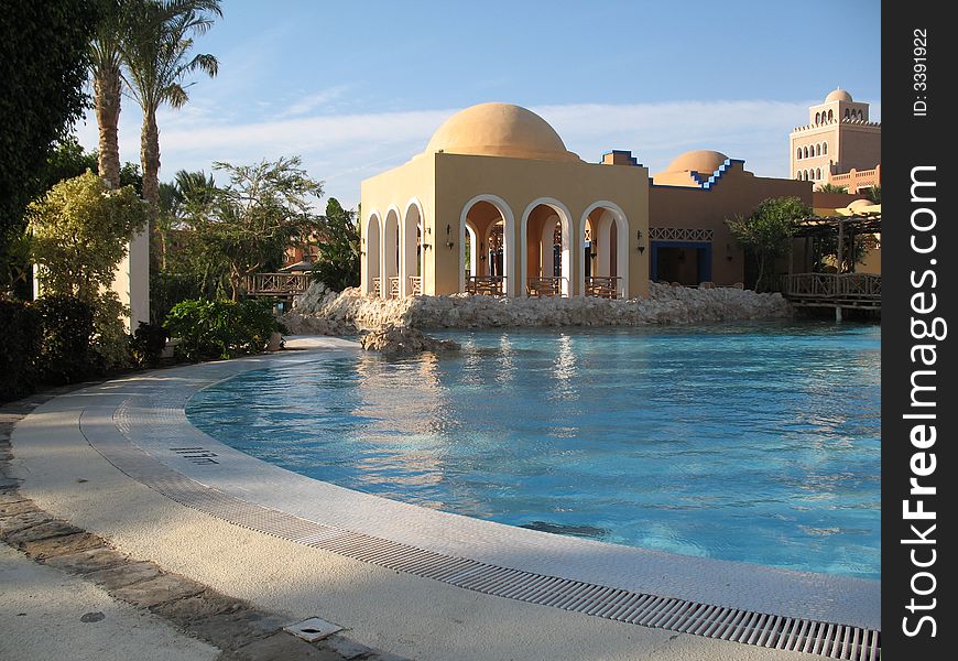 Architecture, house, pool,  water, sky, sun, dome, restaurant, Egypt,  Africa, palm trees, hotel, panorama, Makadi Bay. Architecture, house, pool,  water, sky, sun, dome, restaurant, Egypt,  Africa, palm trees, hotel, panorama, Makadi Bay