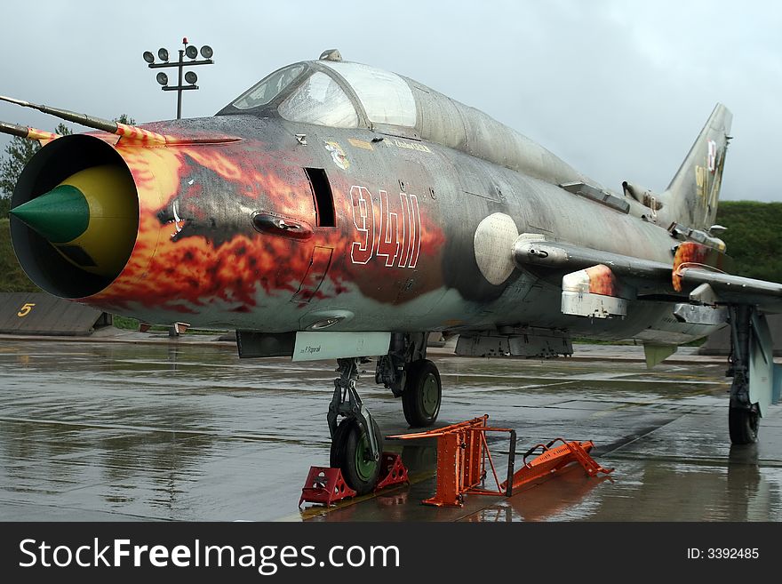 SU - 22, Soviet jet fighter at airport