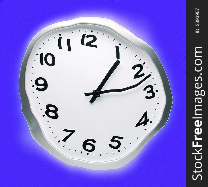 A clock with distorted abstract time on a blue background. A clock with distorted abstract time on a blue background