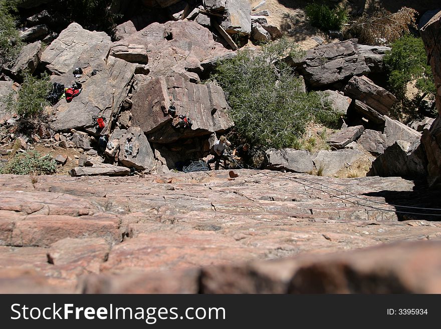 A unique angle on a pair of climbers.  Shot from the top of an 80 foot pitch at the Promised Lands. A unique angle on a pair of climbers.  Shot from the top of an 80 foot pitch at the Promised Lands.