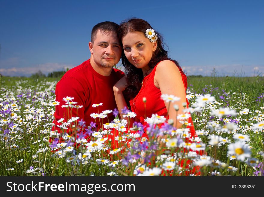 Young happy couple at the sunny day in a field with camomiles and handbells