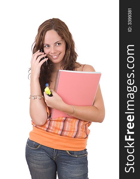 Beautiful young female student talking on the phone - over a white background