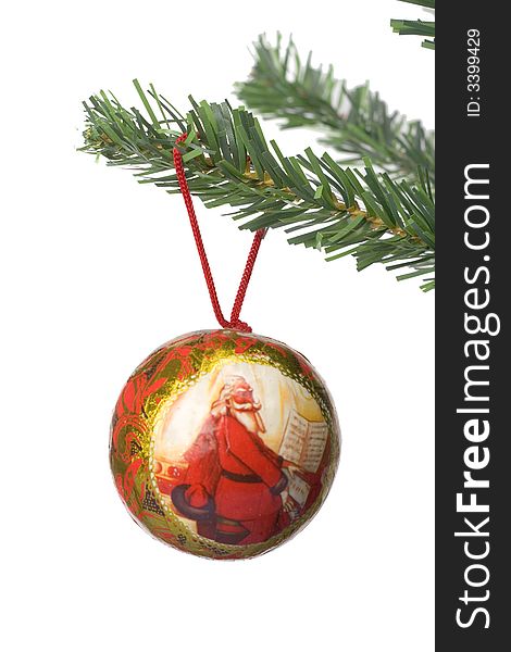 Christmas ball hanging on fir tree isolated