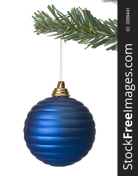 Blue christmas ball hanging isolated on white background