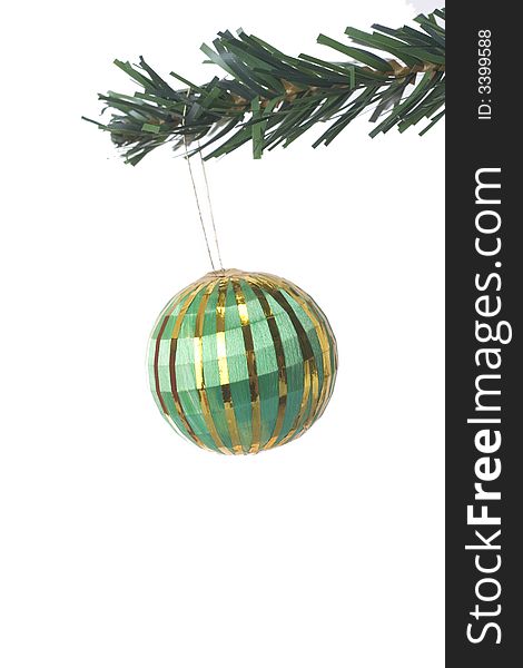 Christmas ball hanging on fir tree isolated