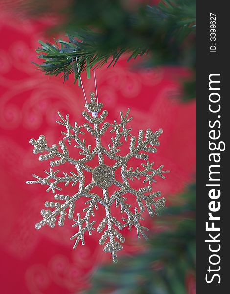 Christmas snowflake hanging on fir tree isolated