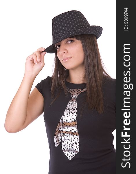 Beautiful girl posing with hat - over a white background