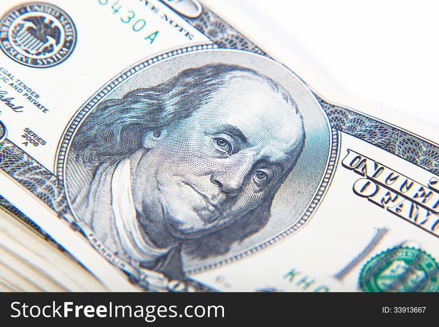 Close-up portrait of Franklin on the 100 dollar a banknote