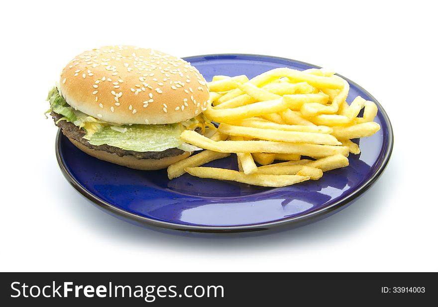Hamburger with french fries on white background