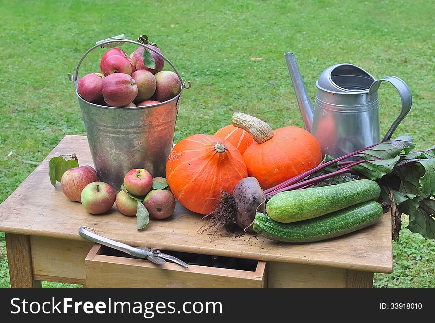 Seasonal vegetables and apples on a wooden table in the garden. Seasonal vegetables and apples on a wooden table in the garden