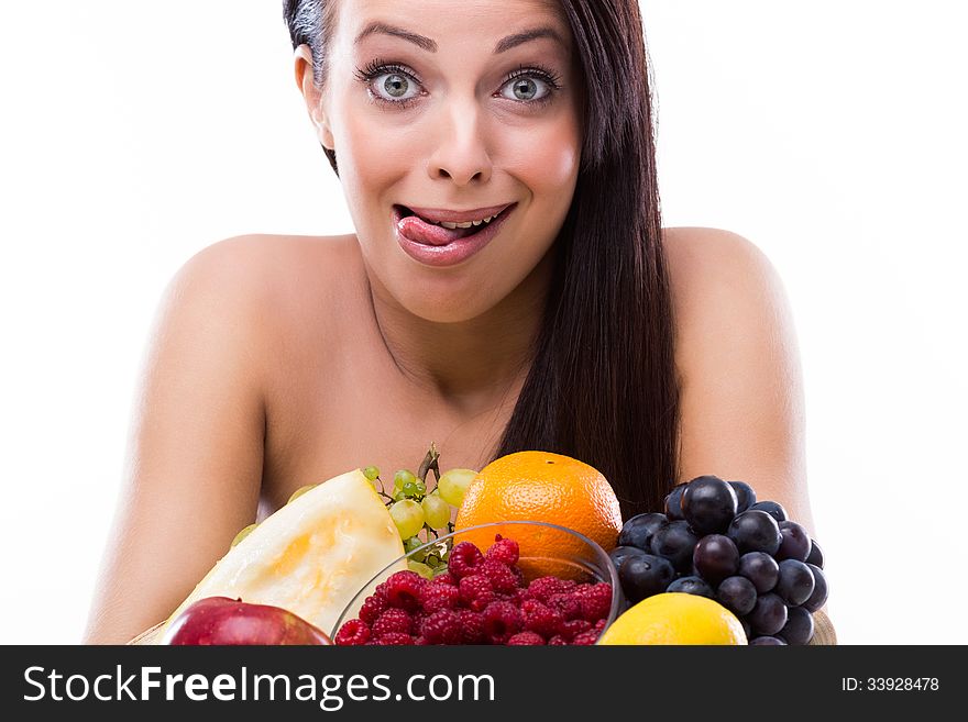 Funny Young Woman Is Crazy About Fresh Fruits