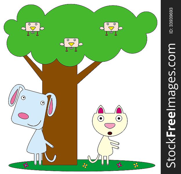 Illustration of a cat and a dog playing hide and seek. Illustration of a cat and a dog playing hide and seek