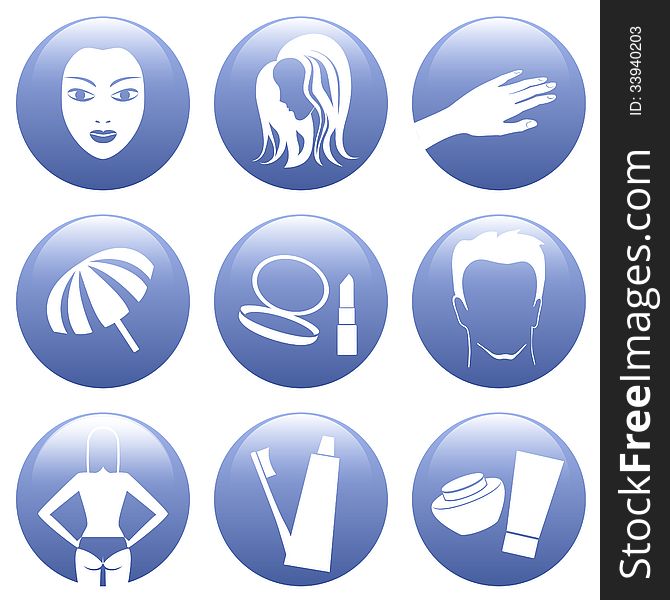 Blue button cosmetic icon set