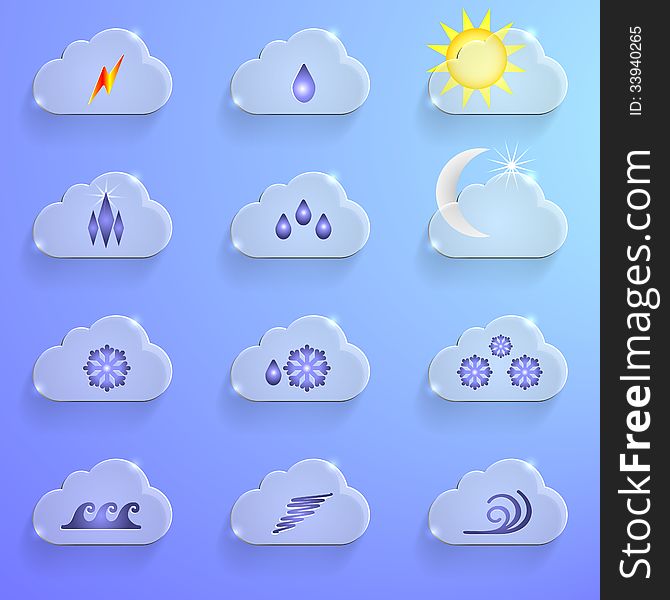 Blue Infographics Set of 12 icons with clouds, containing different weather condition signs. Blue Infographics Set of 12 icons with clouds, containing different weather condition signs