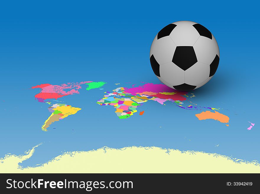 3D model of football on World and countries map to presented about World Cup. 3D model of football on World and countries map to presented about World Cup