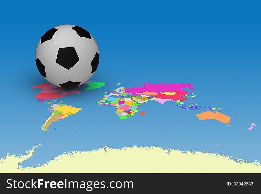 3D model of football on World and countries map to presented about World Cup. 3D model of football on World and countries map to presented about World Cup
