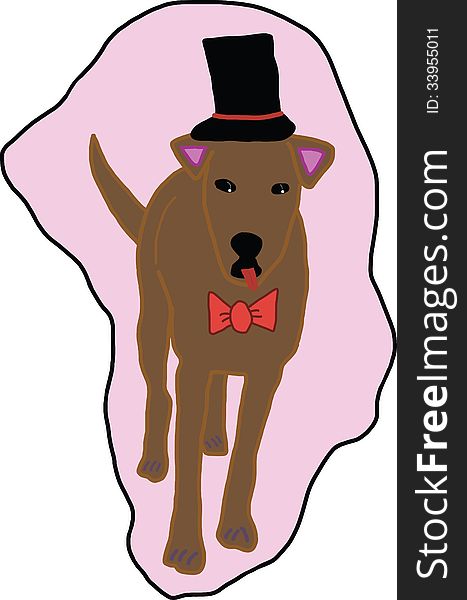 A picture digital art of tint brown dog was black hat and red bow tie. A picture digital art of tint brown dog was black hat and red bow tie