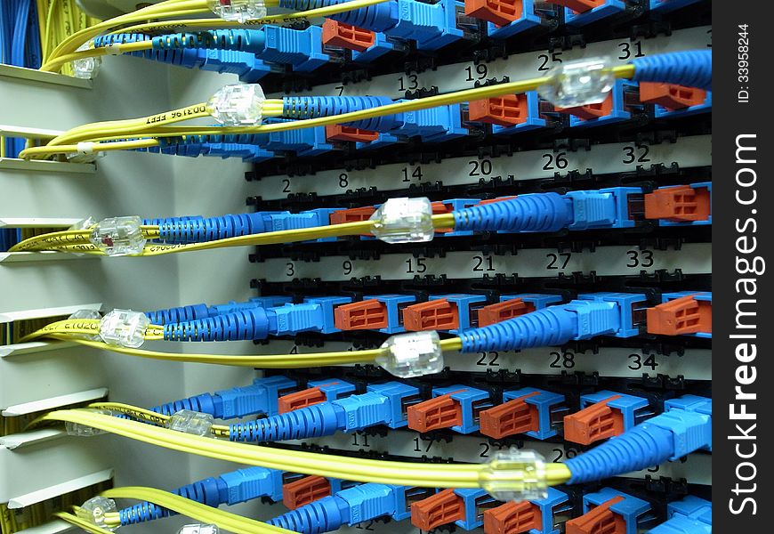 The optical fiber connectors in a patch panel. The optical fiber connectors in a patch panel.