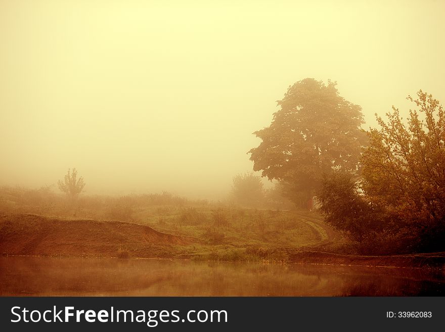 Morning lake and tree in fog in autumn. Morning lake and tree in fog in autumn