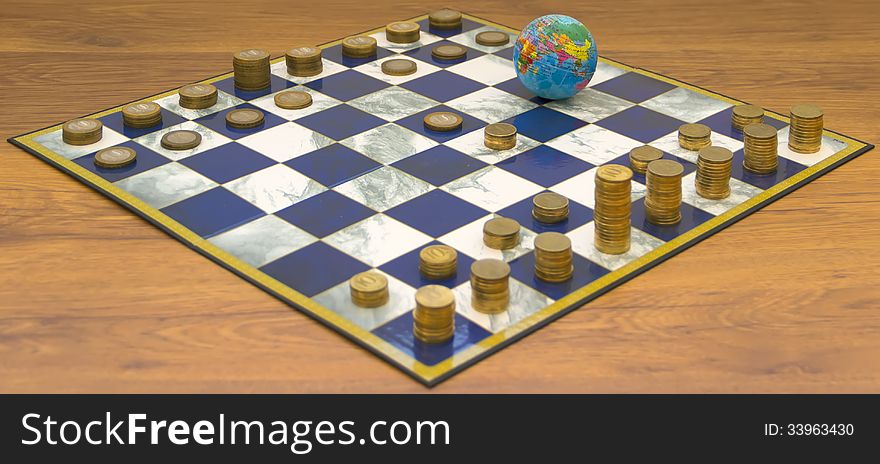 Money globe earth world chess play game box shape concept golden blue white. Money globe earth world chess play game box shape concept golden blue white