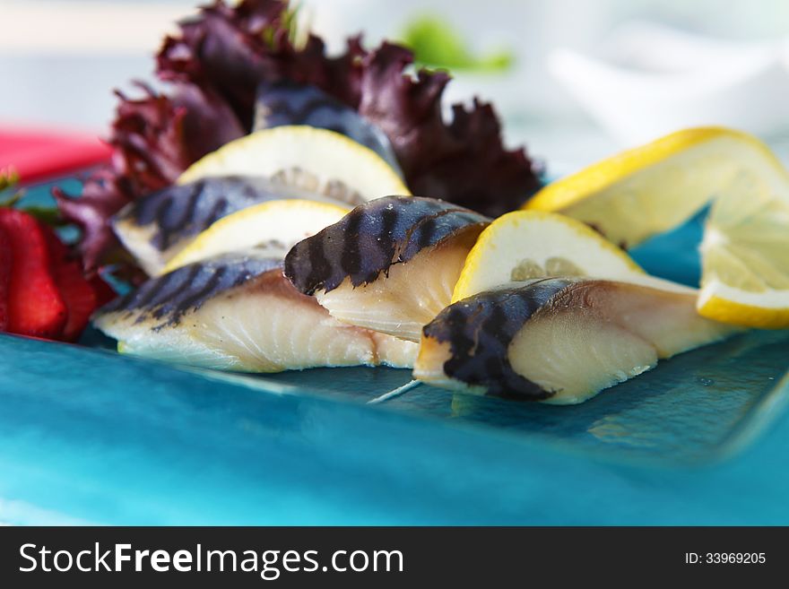 Saba Sashimi on the plate in restaurant