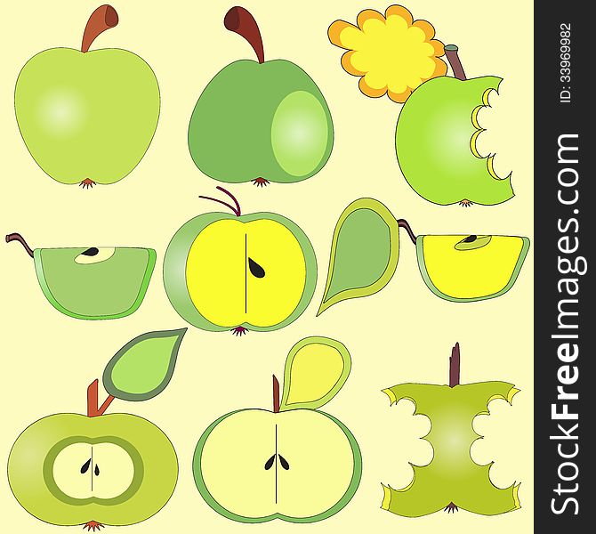 Green apples collection, vector illustration in cartoon style