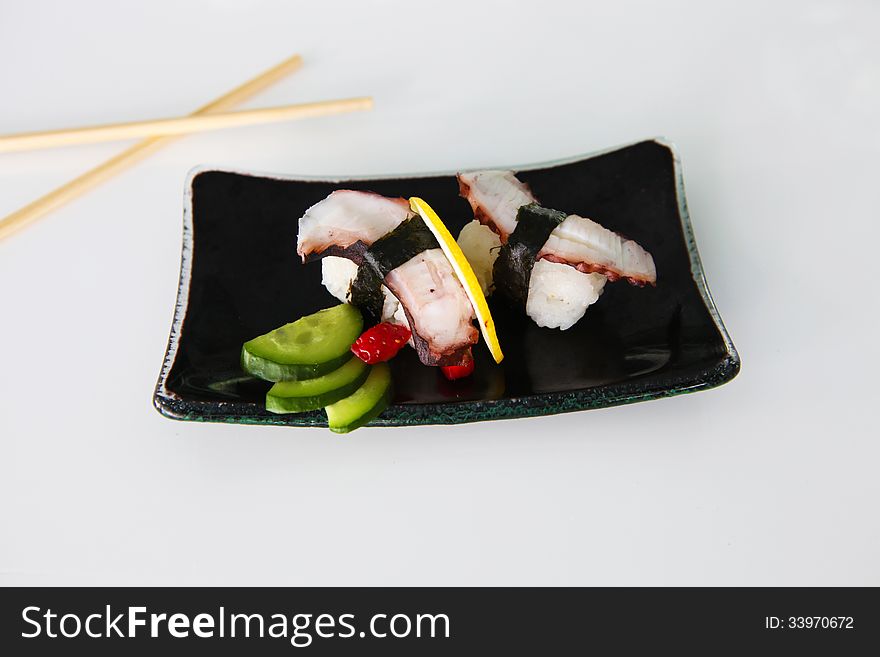 Nigiri Sushi on the plate in restaurant. Nigiri Sushi on the plate in restaurant