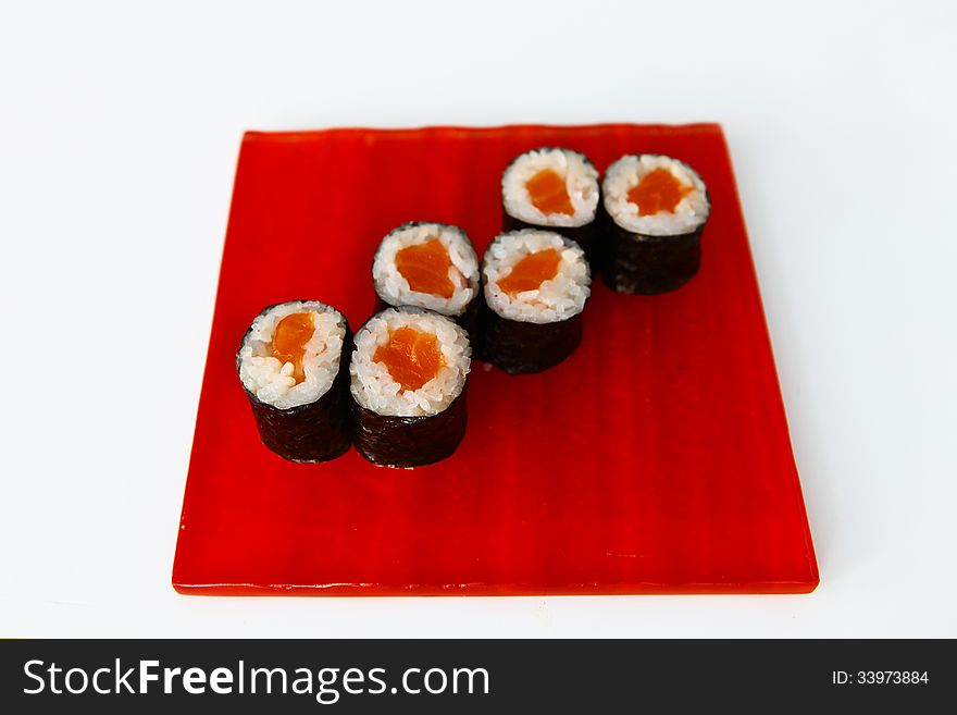 Japanese Food, Maki Sushi on the red plate