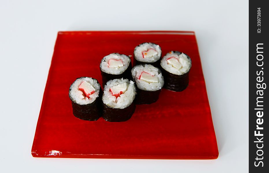 Japanese Food, Maki Sushi on the red plate