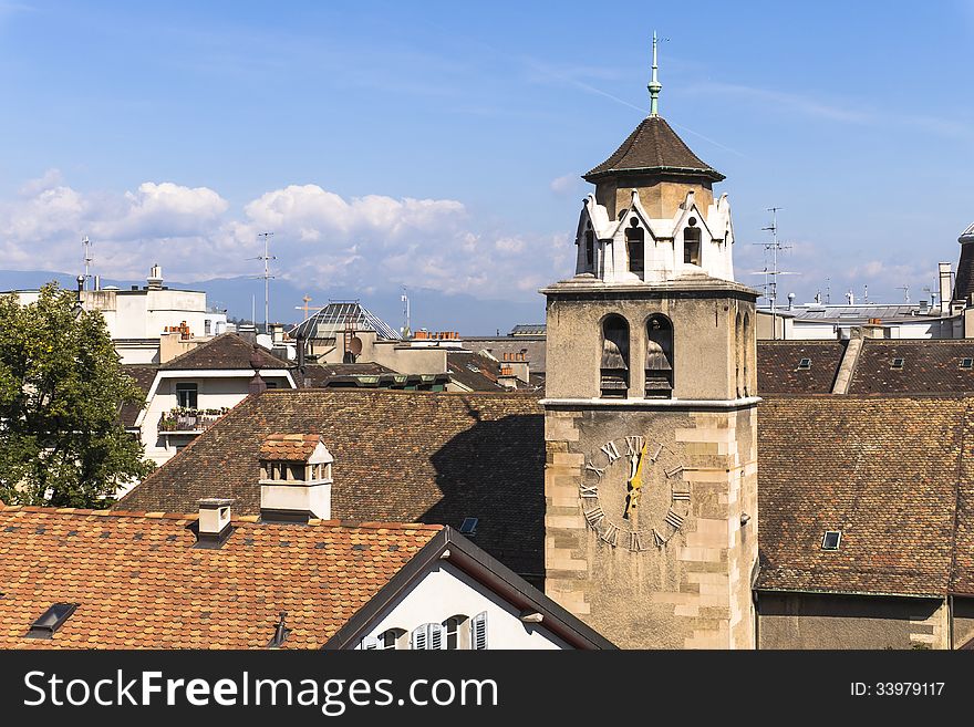 Panorama of Geneva, from the place next to the Cathedral Saint Pierre.