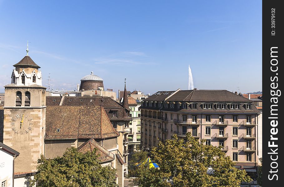 Panorama of Geneva, from the place next to the Cathedral Saint Pierre.