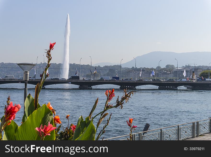 Mont Blanc bridge and fountain in Geneva .Switzerland