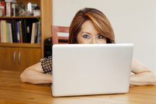 Shy Asian Business Woman Hiding In Her Office Royalty Free Stock Photos Shy Asian Business Woman Hiding In Her Office Royalty Free Stock Photos