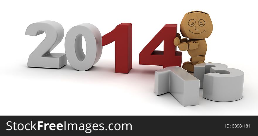 3D Render of a cardboard character bringing in the new year