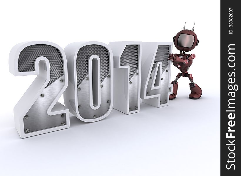 3D Render of an Android bringing in the new year