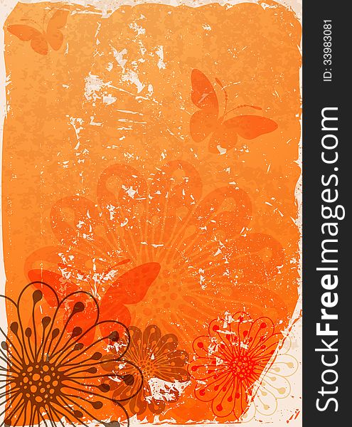 Grunge orange paper with translucent flowers and butterflies (vector EPS 10). Grunge orange paper with translucent flowers and butterflies (vector EPS 10)