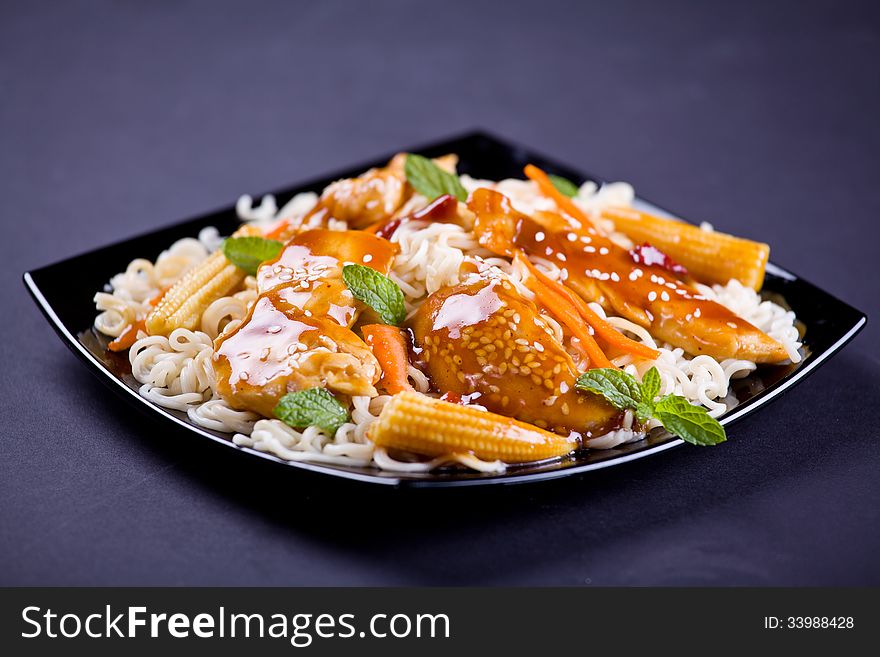 Close up photograph of tasty chinese meal with chicken. Close up photograph of tasty chinese meal with chicken