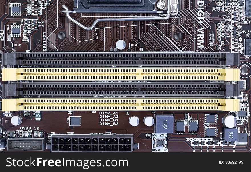 Motherboard close-up slots for SDRAM memory. Motherboard close-up slots for SDRAM memory