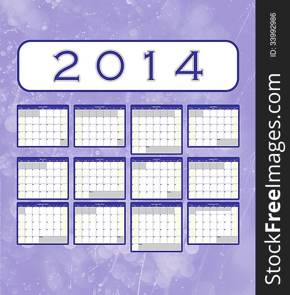 A 2014 annual calendar template for your design and projects, on black background. The months are divided into tables. Weeks start on Sunday.EPS file available. A 2014 annual calendar template for your design and projects, on black background. The months are divided into tables. Weeks start on Sunday.EPS file available
