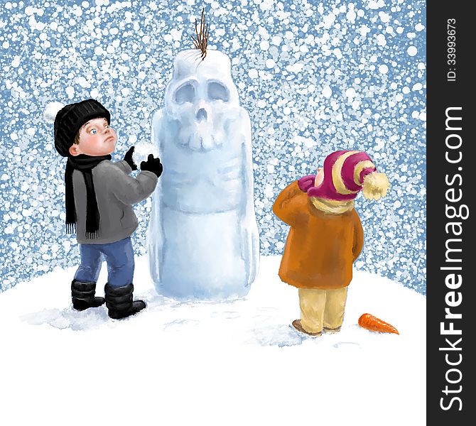 Children playing the snow. Digital illustration. Children playing the snow. Digital illustration.