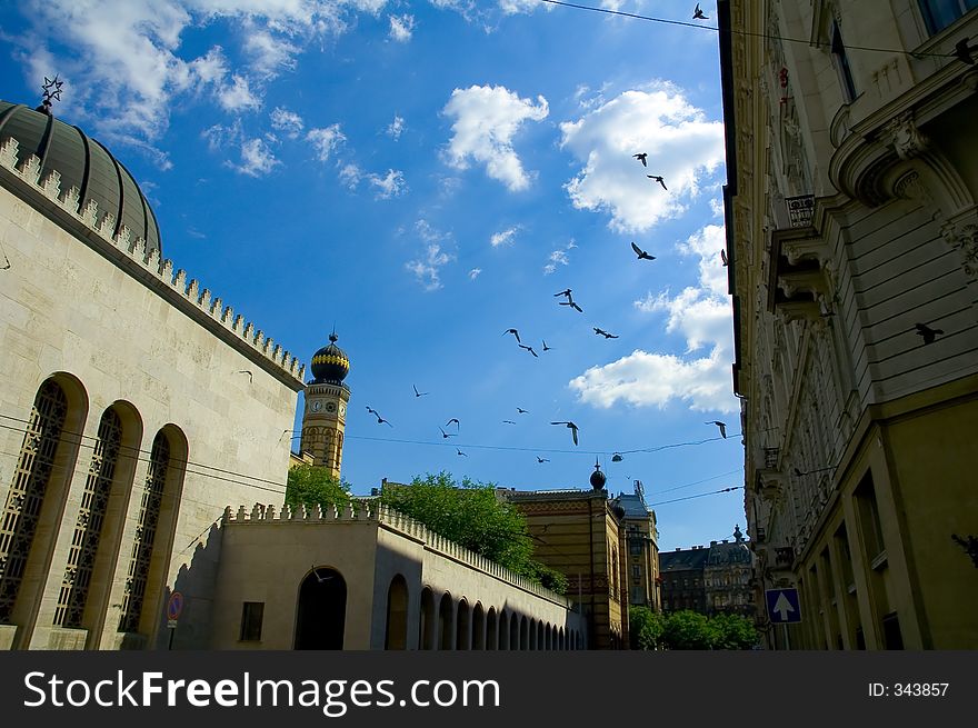 Synagogue in budapest hungary with birds flying over. Synagogue in budapest hungary with birds flying over