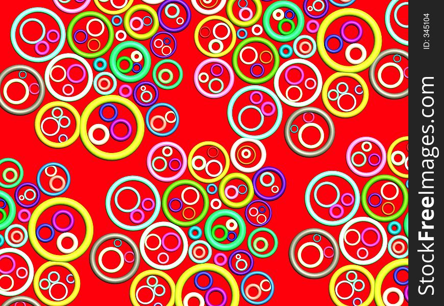 3D - colorful rings pattern on red. 3D - colorful rings pattern on red