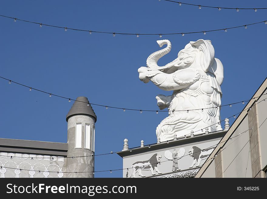 white elephant sitting on roof at Hollywood & Highland in Hollywood, CA.